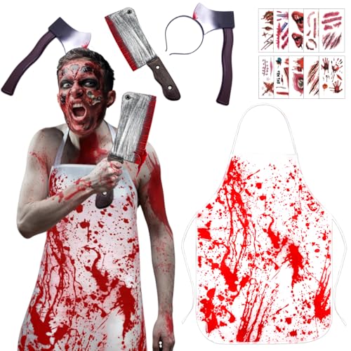 IWTBNOA Metzger Kostüm Halloween, Halloween Schlachter Horror Set, Horror-Accessoires mit Blutige Schürze, Blutige Haarschmuck, Messer, Zombie Scars Tattoo, Schlächter Kostüm für Damen Herren von IWTBNOA