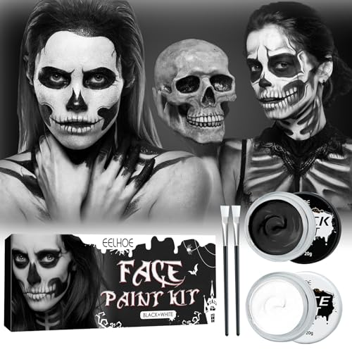 IWTBNOA Halloween Schminke Set, Face Paint Weiß + Schwarz mit Makeup Pinsel, Halloween Make up Set, Halloween Gesichtsfarbe, Clowns Zombie Vampire Skelett Makeup für Halloween Fasching Cosplay von IWTBNOA