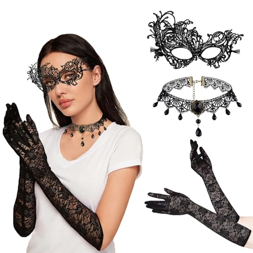 IWTBNOA Halloween Steampunk Damen Zubehör, 3 PCS Halloween Gotisch Schmuck Set, Retro Gothic Damen Halsband, Schwarz Spitze Maske, Lange Spitzen Handschuhe für Halloween Karneval Kostüm Cosplay von IWTBNOA