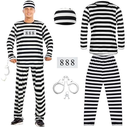 IWTBNOA Halloween Sträfling Kostüm Herren Damen, Häftlingskostüm Gefängnis Outfit, Männer Gefängnis Kostüm, Unisex Gefangener Kostüm für Erwachsene Dress-up-Party, Karneval Cosplay von IWTBNOA