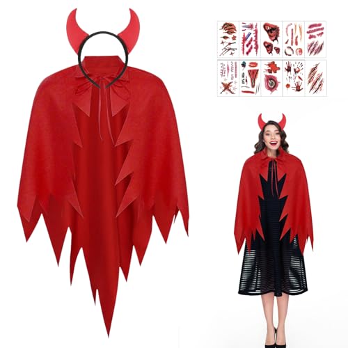 IWTBNOA Teufel Kostüm Damen, Halloween Teufel Kostüm, Rot Teufel Umhang, Rot Vampir Umhang, Stand Kragen Umhang, Faschingskostüme mit Teufel Hörner Ohren für Halloween-Masquerade, Karneval, Cosplay von IWTBNOA