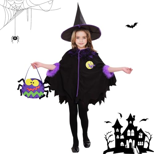 IWTBNOA Hexenkostüm Kinder Mädchen, Halloween Umhang Mädchen, Lila-Schwarz Hexenkostüm Mädchen, Halloween Kostüm Kinder mit Halloween Tasche und Hexenhut, Mädchen Hexen Kostüm für Karneval von IWTBNOA