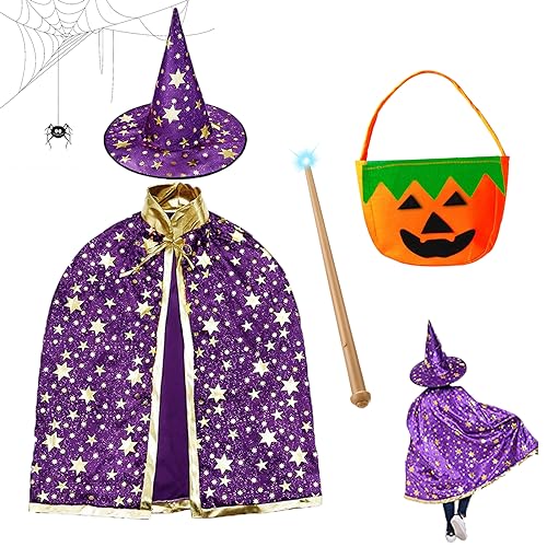 IWTBNOA Hexen Zauberer Umhang, Halloween Kostüm mit Hut, Zauberer Halloween Kostüm, Wizard Cape Witch Umhang, Zauberer Mantel, Zauberer Cape mit Kürbis Candy Bag für Kinder Mädchen Jungen Cosplay von IWTBNOA