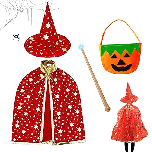 IWTBNOA Hexen Zauberer Umhang, Halloween Kostüm mit Hut, Zauberer Halloween Kostüm, Wizard Cape Witch Umhang, Zauberer Mantel, Zauberer Cape mit Kürbis Candy Bag für Kinder Mädchen Jungen Cosplay von IWTBNOA