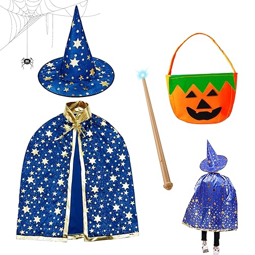 IWTBNOA Hexen Zauberer Umhang, Halloween Kostüm mit Hut, Zauberer Halloween Kostüm, Wizard Cape Witch Umhang, Zauberer Mantel, Zauberer Cape mit Kürbis Candy Bag für Kinder Mädchen Jungen Cosplay von IWTBNOA