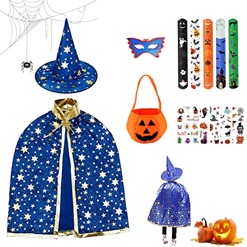 IWTBNOA Hexen Zauberer Umhang, Kinder Halloween Kostüm mit Hut, Wizard Cape Witch Umhang, Zauberer Mantel, Witch Umhang, Zauberer Cape mit Kürbis Candy Bag für Kinder Cosplay Halloween Karneval von IWTBNOA