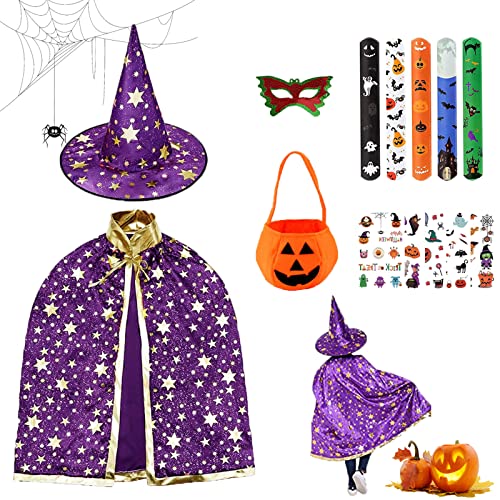 IWTBNOA Hexen Zauberer Umhang, Kinder Halloween Kostüm mit Hut, Wizard Cape Witch Umhang, Zauberer Mantel, Witch Umhang, Zauberer Cape mit Kürbis Candy Bag für Kinder Cosplay Halloween Karneval von IWTBNOA