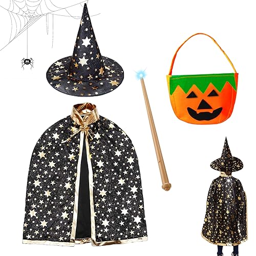 IWTBNOA Hexen Zauberer Umhang, Kinder Halloween Kostüm mit Hut, Wizard Cape Witch Umhang, Zauberer Mantel, Witch Umhang, Zauberer Cape mit Kürbis Candy Bag für Kinder Cosplay Halloween Karneval von IWTBNOA