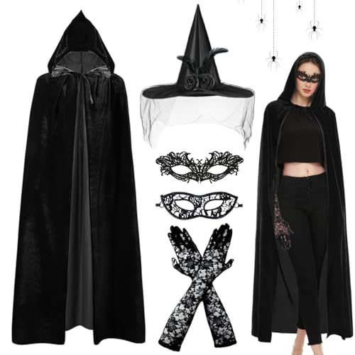 IWTBNOA Halloween Hexenkostüm Damen, 6 Stück Halloween Kostüm Damen, Hexenkostüm Damen set mit Hexenumhang, Hexehandschuhe, Spitze Maske, Hexenhut, Böse Königin Kostüm für Cosplay und Maskerade von IWTBNOA