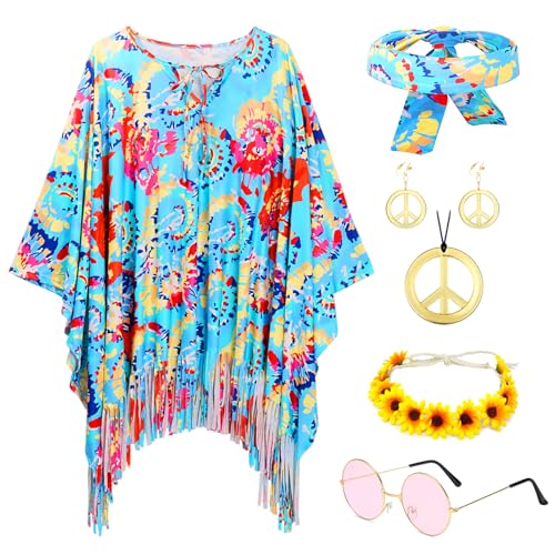 IWTBNOA Hippie Kostüm Damen Set mit Hippie Accessoires, 60er 70er Jahre Bekleidung Damen, Retro Damen Hippie, Kleidung Disco Outfit, Schlager Outfit Damen für Mottoparty Cosplay Karneval von IWTBNOA