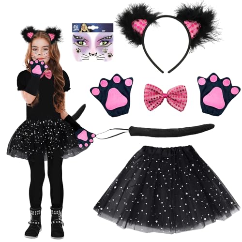 IWTBNOA Katze Kostüm Kinder, 7 Stück Tierkostüm Set Kinder, Katzen Cosplay Set, Leoparden Katzenohren Haarreif Schwanz Fliege Handschuhe Tutu Rock, Schwarz Katzenkostüm für Karneval Fasching Party von IWTBNOA