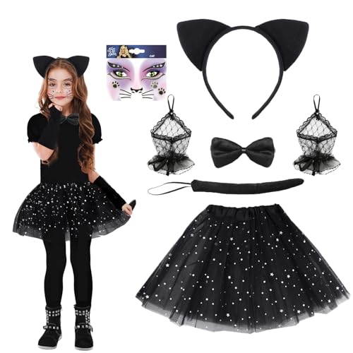 IWTBNOA Katze Kostüm Kinder, 7 Stück Tierkostüm Set Kinder, Katzen Cosplay Set, Leoparden Katzenohren Haarreif Schwanz Fliege Handschuhe Tutu Rock, Schwarz Katzenkostüm für Karneval Party Fasching von IWTBNOA