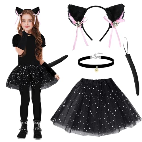 IWTBNOA Katze Kostüm Mädchen, 4 Stück Leoparden Kostüm Kinder, Katzen Cosplay Set, Leoparden Katzenohren Haarreif Schwanz Fliege Tutu Rock, Schwarz Katzenkostüm, Tierkostüm Set für Karneval Party von IWTBNOA