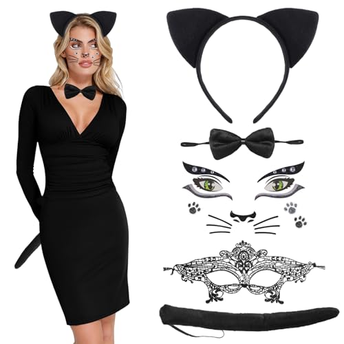 IWTBNOA Katzenkostüm Damen, Katzenohren Haarreif, 5 Stück Katzen Kostüm Set mit Katzenschwanz, Fliege, Maske, Aufkleber, Cosplay Set, Tierkleid, Mädchen Damen Kätzchenkostüm für Karneval Fasching von IWTBNOA