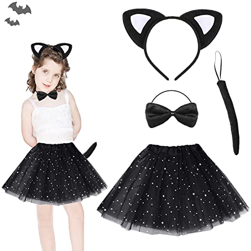 IWTBNOA Kostüm Katze Kinder, 4 Stück Katzenkostüm Set mit Katzenohren Haarreif, Schwanz Fliege, Tutu Rock, Cosplay Set, Tierkleid, Mädchen Kätzchenkostüm für Party, Fasching Karneval Motto Party von IWTBNOA