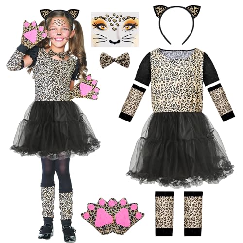 IWTBNOA Leopard Kostüm Kinder Mädchen, Tierkostüme Cosplay Kaneval Fasching, Leoparden-kostüm mit Glitzer Face Paint, Katzenkostüm Kinder für Karneval Halloween (L) von IWTBNOA