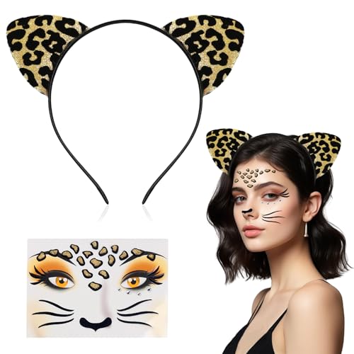 IWTBNOA Leoparden Kostüm Set, 2 Stück Leoparden Kostüm Damen, Leopard Kostüm Kinder, Leoparden Ohren Haarreif, Leoparden Gesichtstattoo, Tier kostüm Damen Kinder für Karneval Halloween Motto Cosplay von IWTBNOA