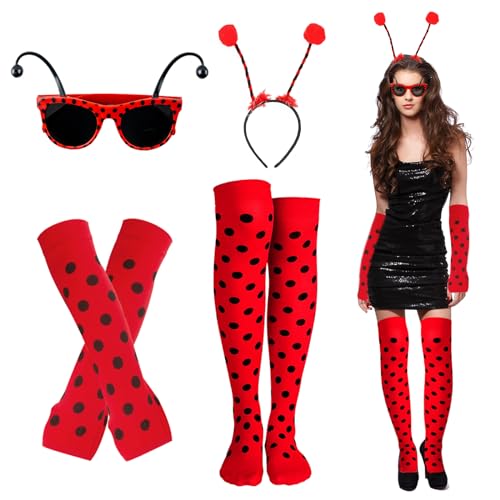 IWTBNOA Marienkäfer Kostüm Set, 4-Teiliges Marienkäfer Kostüm Mädchen mit Brille, Strümpfe Overknees, Haarreif, Handschuhe Fingerlose, Marienkäfer Cosplay für Kinder Erwachsen Mottoparty Fasching von IWTBNOA