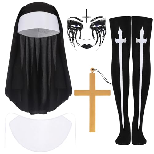 IWTBNOA Nonne Kostüm Damen, 6 Stück Kostüm Nonne Zubehör mit Nonne Kopfbedeckung, Kragen, Kreuzkette, Tattoo Glitzersteine Gesicht, Hohe Socken, Halloween kostüme Frauen für Cosplay Fasching von IWTBNOA