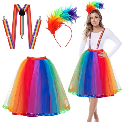 IWTBNOA Regenbogen Kostüm Damen, Tüllrock Regenbogen Damen Lang, Tüllrock Bunt mit Bunt Feder Stirnband, 80 er Jahre Kostüm Accessoires, Retro Neon Tütü für Karneval, Kostümparty, Mottoparty von IWTBNOA