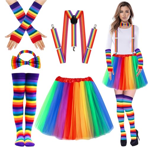 IWTBNOA Regenbogen Kostüm Damen, Tüllrock Regenbogen Damen, Tüllrock Bunt mit Fliege, Suspender, Kniestrümpfe und Handschuhe, 80 er Jahre Kostüm Accessoires, Retro Neon Tütü für Karneval, Kostümparty von IWTBNOA