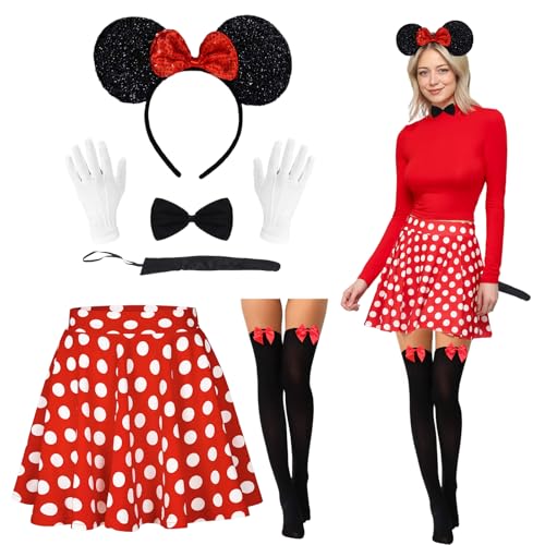 IWTBNOA Rock Punkte Rot Weiß Karneval Kostüm, Maus Mouse Kostüm Erwachsene, Maus Kostüm Damen, Fasching Kostüm Damen, Karneval Party Outfits Cosplay für Damen (S) von IWTBNOA