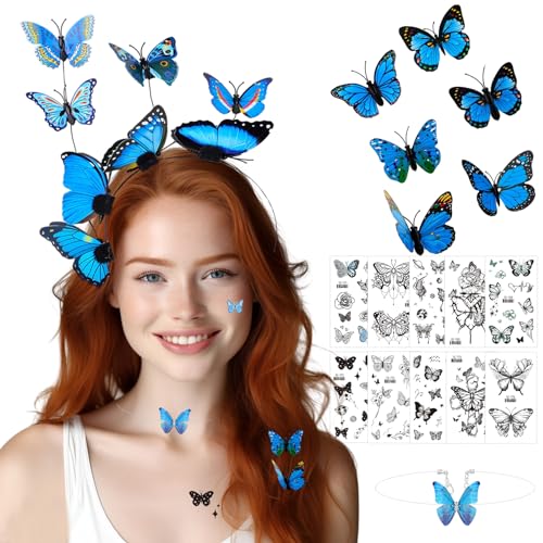 IWTBNOA Schmetterling Haarreif Damen, Schmetterling Fascinator Stirnband Haarband, Schmetterling Kopfschmuck mit 10 Stück Schmetterling Tattoo für Damen Mädchen Karneval Fasching Party Cosplay von IWTBNOA