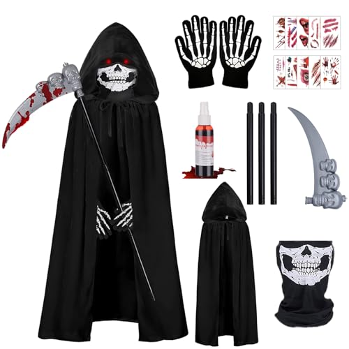 IWTBNOA Sensenmann Kostüm, Halloween Kostüm Set mit Kapuze, Schädelmaske, Sense, Handschuhen und 10 Tattoo Aufkleber, Sensenmann Schwarz Umhang, Halloween Umhang Kinder für Halloween Cosplay von IWTBNOA