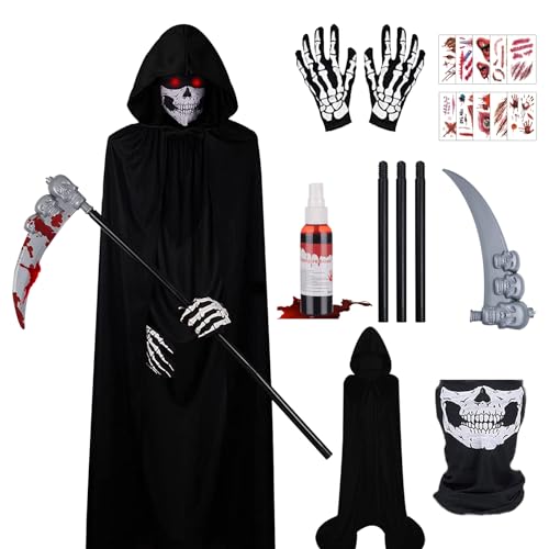 IWTBNOA Sensenmann Kostüm, Halloween Kostüm Set mit Kapuze, Schädelmaske, Sense, Handschuhen und 10 Tattoo Aufkleber, Sensenmann Schwarz Umhang, Halloween Umhang Erwachsene für Halloween Cosplay von IWTBNOA