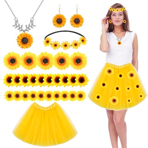 IWTBNOA Sonnenblumen Kostüm Damen, Blumen Kostüm Damen, Tutu Rock Gelb Tüllrock+Sonnenblumen Stirnband Haarschmuck+Ohrringe+Halsketten+Sonnenblumen Blütenköpfe für Karneval Mottoparty Fasching von IWTBNOA