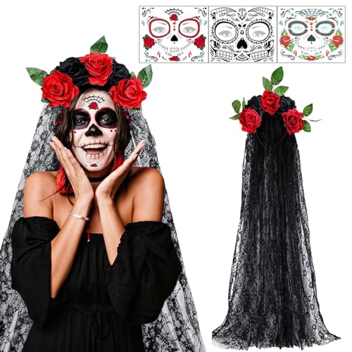 IWTBNOA Tag der Toten Haarreif Halloween, Halloween Schleier Haarband mit 3 PCS Gesicht Tattoos, Mexikanische Rose Stirnband, Tag der Toten Kopfschmuck, Day of The Dead Haarreif für Damen Halloween von IWTBNOA