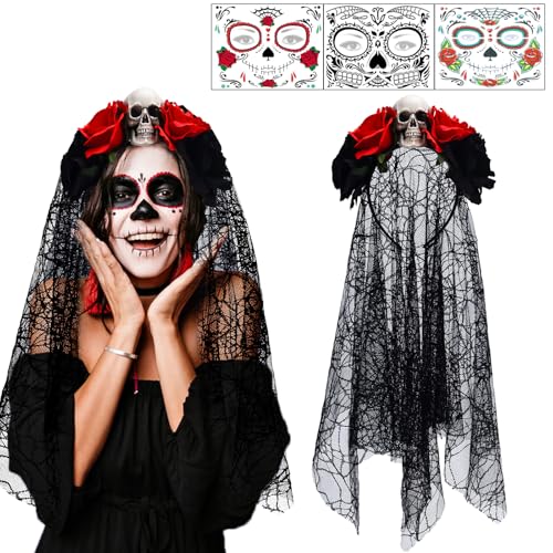 IWTBNOA Tag der Toten Haarreif Halloween, Halloween Schleier Haarband mit 3 PCS Gesicht Tattoos, Mexikanische Rose Stirnband, Totenkopf Haarreif, Day of The Dead Haarreif für Damen Halloween von IWTBNOA