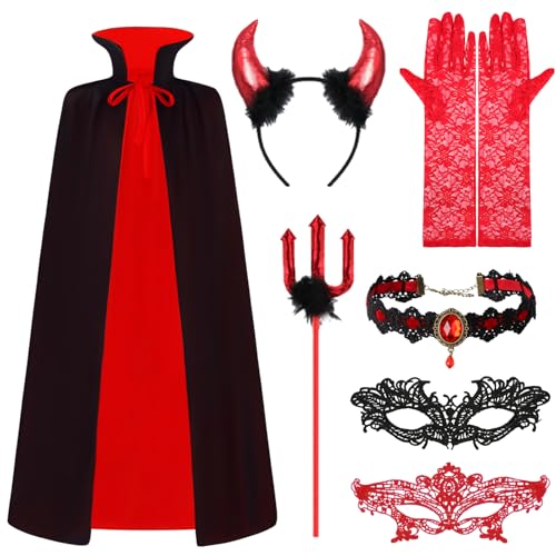 IWTBNOA Teufel Kostüm Damen, Halloween Teufel Kostüm, Schwarz Rot Teufel Umhang, Vampir Umhang, Stand Kragen Umhang, Devil Costume Teufelskostüm für Halloween-Masquerade, Karneval, Cosplay von IWTBNOA