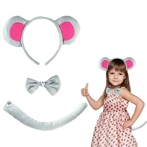 IWTBNOA 3-Teilig Maus Ohren Haarreifen Stirnband, Tier Kostüm Set, Mausohren Haarreif, Krawatte, Schwanz, Tier Maus Kostüm für Erwachsener Kinder, Tier Verkleidung Set für Karneval Fasching Party von IWTBNOA