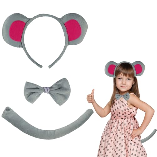 IWTBNOA 3-Teilig Kinder Maus Kostüm Set, Tier Kostüm Set, Mausohren Haarreif, Krawatte, Schwanz, Tier Verkleidung Set Kostüm für Kostümparty Kinderparty, Tier Party Outfit Set für Halloween Karneval von IWTBNOA