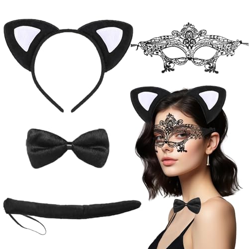 IWTBNOA Katzenohren Haarreif, 4 Stück Katzenkostüm Set mit Katzenohren Haarreif, Schwanz Fliege, Maske, Cosplay Set, Tierkleid, Mädchen Kätzchenkostüm für Party, Fasching Karneval Motto Party von IWTBNOA