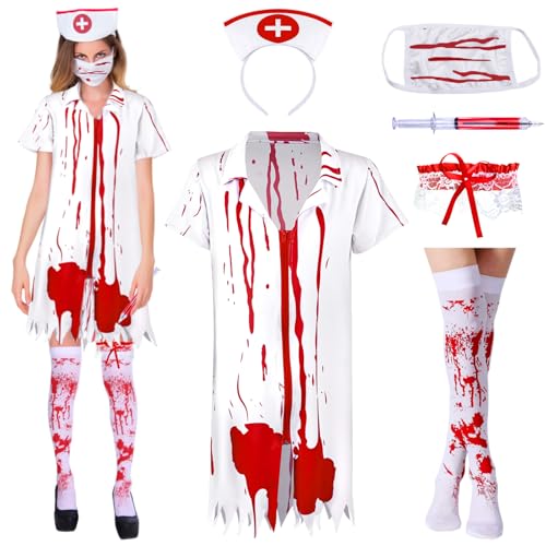 IWTBNOA Zombie Krankenschwester Kostüm, Halloween Kostüm Damen, Krankenschwester Zombie Set, Schaurige Krankenschwester Zombie, Blutige Krankenschwester Uniform, Halloween Karneval Fasching Zubehör von IWTBNOA