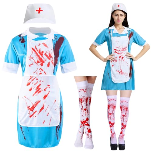 IWTBNOA Zombie Krankenschwester Kostüm Damen, Krankenschwester Zombie Set, Schaurige Krankenschwester Zombie, Halloween Kostüm Erwachsene Horror Blutige Krankenhausar kleid Uniform Zubehör von IWTBNOA