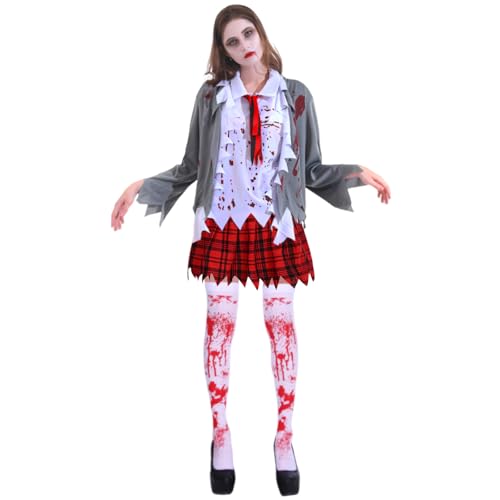 IWTBNOA Zombie Schulmädchen Kostüm, Blutige Zombie Kostüm für Damen Mädchen, Halloween Kostüm Damen Horror, Zombiekostüm Schülerin, Halloween Grusel Schüler Thema Party Outfit, Event Party Dress Up von IWTBNOA