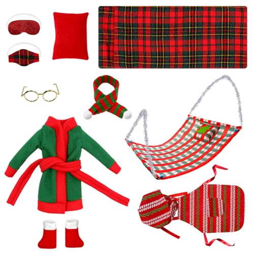 10 Stück Weihnachten Elf Puppe Kostüm Zubehör, Puppen Zubehör Weihnachtselfen Elf Hängematte, Schlafsack, Schürze, Schal, Brille, Augenmaske, Kopfkissen, Schuhe, Bademantel, Kleidung Kleider für Elf von IXYHKB