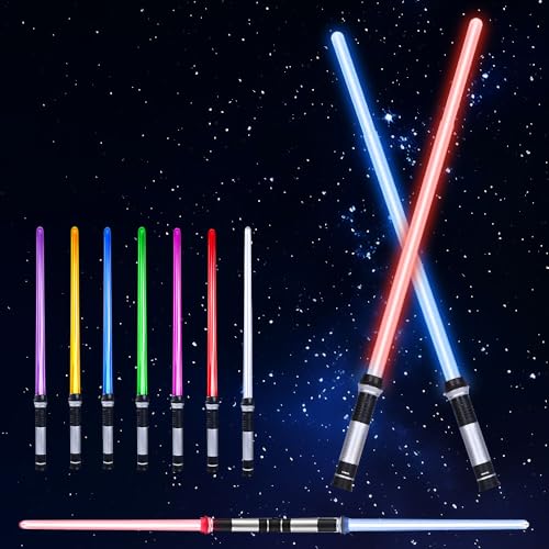 2 Stück Laserschwert Kinder, RGB 7 Farben Led Lightsaber, 2 in 1 Lichtschwert mit Licht und Sound, Doppelklingen Laserschwert, doppel lichtschwert, Retractable Lightsaber Cosplay Spielzeug für Kinder von IXYHKB