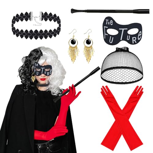 IXYHKB Cruella DeVil Kostüm Damen, Halloween Damen Accessoires, Cruella Kostüm Set mit Perücke, Cruella de vil Halskette, Maske, Handschuhe, Cosplay Kostüm Party für Halloween Fasching Kostüm Damen von IXYHKB