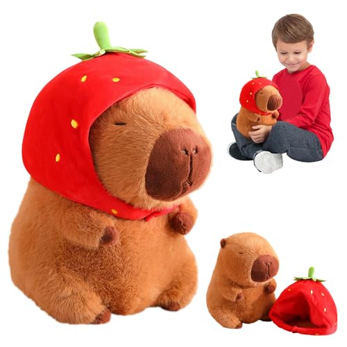 IXYHKB Capybara Plüschtier, 23cm Capybara Kuscheltier, Niedliche Capybara Plushies mit Erdbeerkopfbedeckung, Super Weiche Gefüllte Capybara Stofftier Plüsch Puppe für Kinder Home Deko von IXYHKB