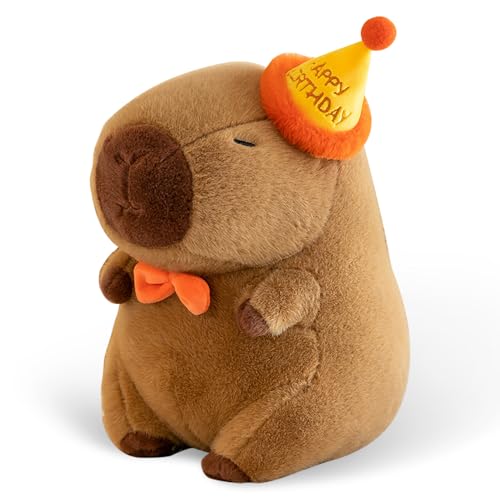 IXYHKB Capybara Plüschtier, 25cm Capybara Kuscheltier, Niedliche Capybara Plushies mit Geburtstagshut, Super Weiche Gefüllte Capybara Stofftier Plüsch Puppen für Kinder Geburtstagsgeschenk Home Deko von IXYHKB