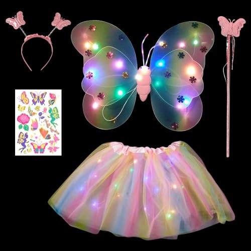 IXYHKB Fee Prinzessin Tutu Kostüm Set, Leuchtend Feenflügel Kostüm mit Zauberstab Tüllrock Tattoos Haarreif, LED Feen Kostüm Kinder, Leuchtend Kostüm Mädchen für Karneval Cosplay Geburtstag Party von IXYHKB