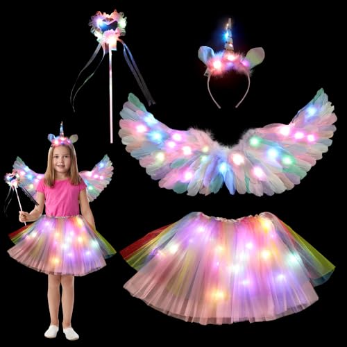 Leuchtend Engel Kostüm Kinder, Engel Flügel Kostüm mit 60cm Bunt Federflügel Engelsflügel,LED Tutu Tüllrock,Heiligenschein Haarreif und Zauberstab Halloween Kostüm Mädchen Engel für Karneval Cosplay von IXYHKB