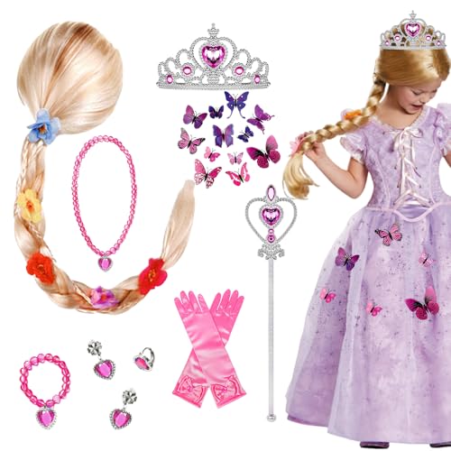 Rapunzel Perücke, Prinzessin Perücke Zopf, Kinderperücke Blond Rapunzel mit Blume, Rapunzel Kostüm-Perücke mit Kronen, Zepter, Ketten, Ringe, Ohrringe, Handschuhe für Mädchen, für Cosplay, Karneval von IXYHKB