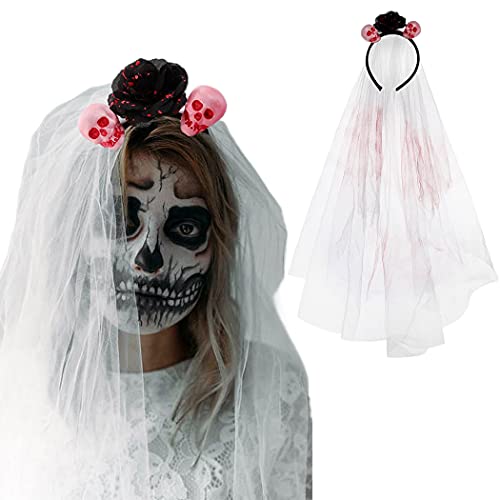 IYOU Halloween Schädel Stirnbänder Blume Schwarz Schleier Haar Band Blutig Drucken Cosplay Ankleiden Karneval Haarreifen Zubehör zum Frauen und Mädchen von IYOU