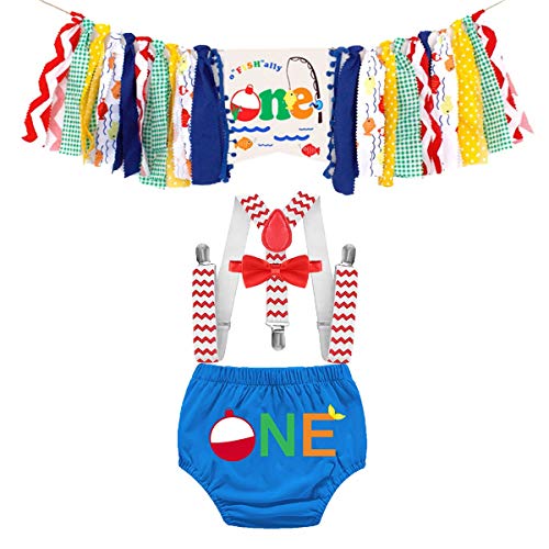 IZKIZF Baby Ofishally One Birthday Kostüm Cake Smash Foto Requisiten Outfits Hosenträger Fliege mit Hochstuhl Banner Blau von IZKIZF