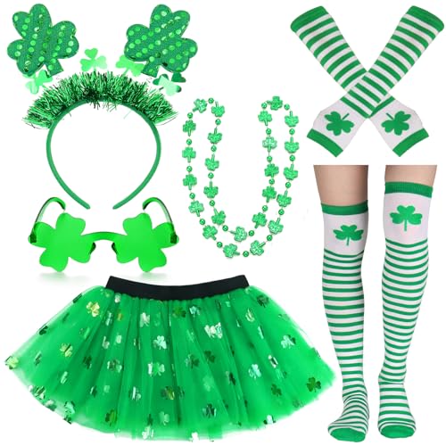 Ibeauti St. Patrick's Day Kostüm Zubehör für Damen grün gestreifte Socken Armwärmer Tutu Rock Kleeblatt Stirnband Halskette Brille, Grün , Einheitsgröße von Ibeauti